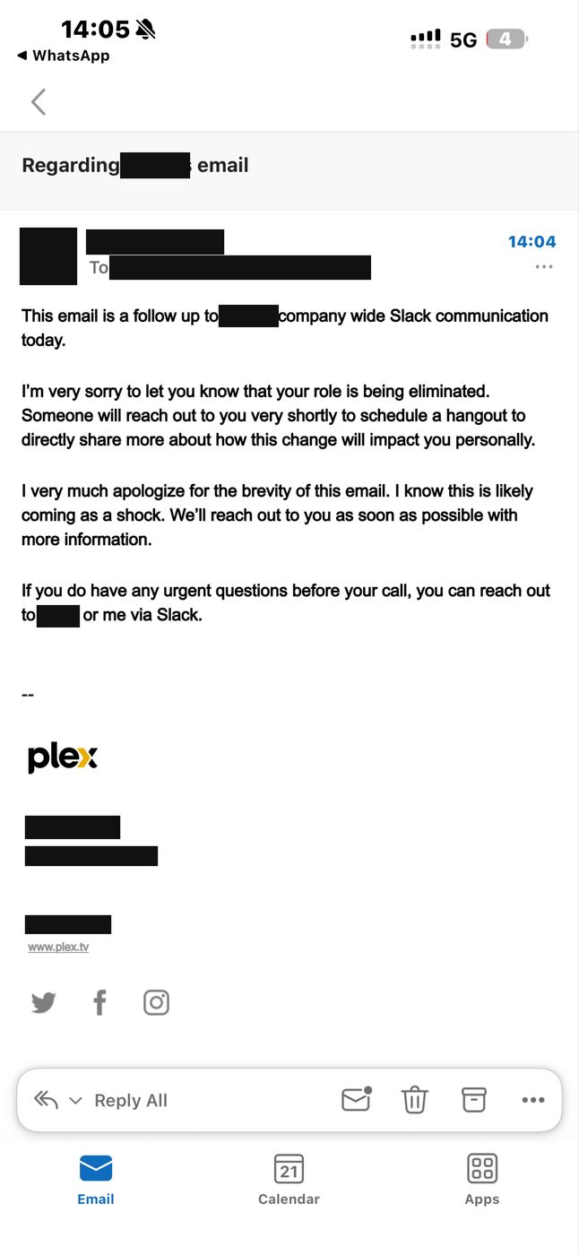 Follow-up email from Plex confirming that my role is being eliminated