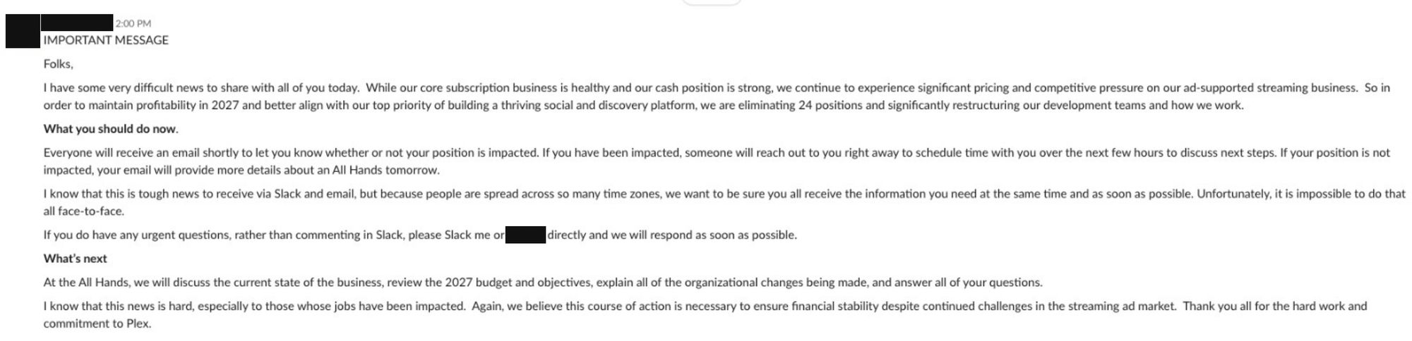 Company-wide Slack message from Plex announcing the elimination of 24 positions and a restructuring of development teams